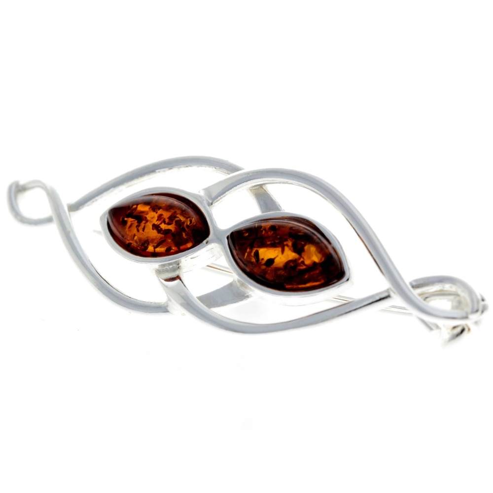 925 Sterling Silver & Baltic Amber Modern 2 Stones Brooch - M810