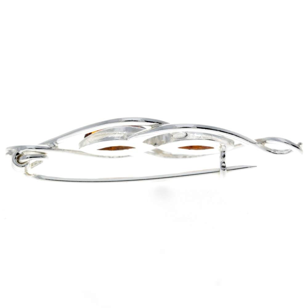 925 Sterling Silver & Baltic Amber Modern 2 Stones Brooch - M810