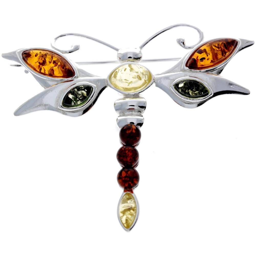 925 Sterling Silver & Genuine Baltic Amber Dragonfly Butterfly Brooch - M817