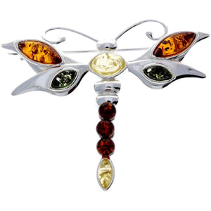 925 Sterling Silver & Genuine Baltic Amber Dragonfly Butterfly Brooch - M817