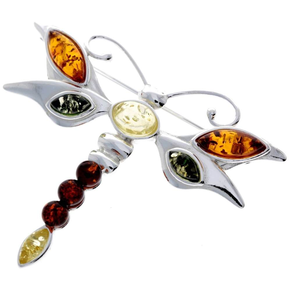 925 Sterling Silver & Genuine Baltic Amber Dragonfly Butterfly Brooch - M817