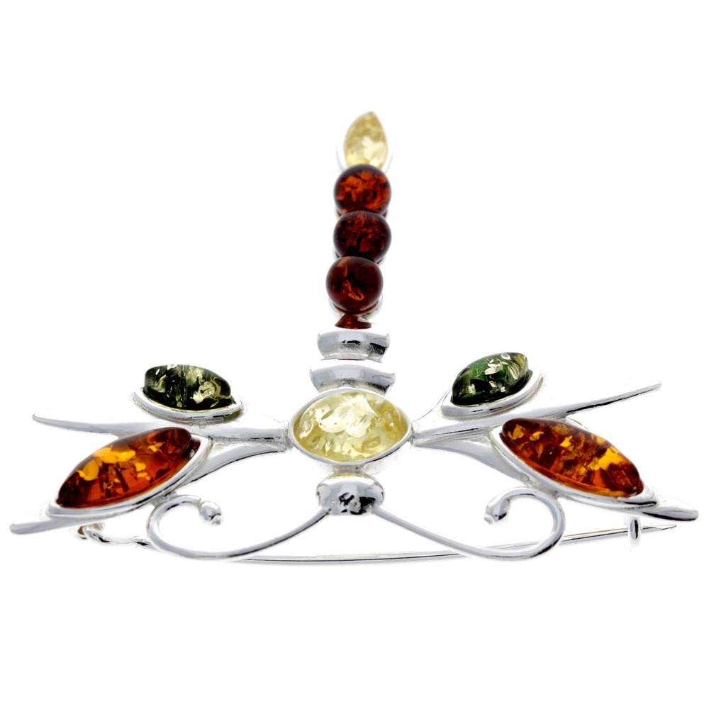 925 Sterling Silver & Genuine Baltic Amber Dragonfly Butterfly Brooch - M817