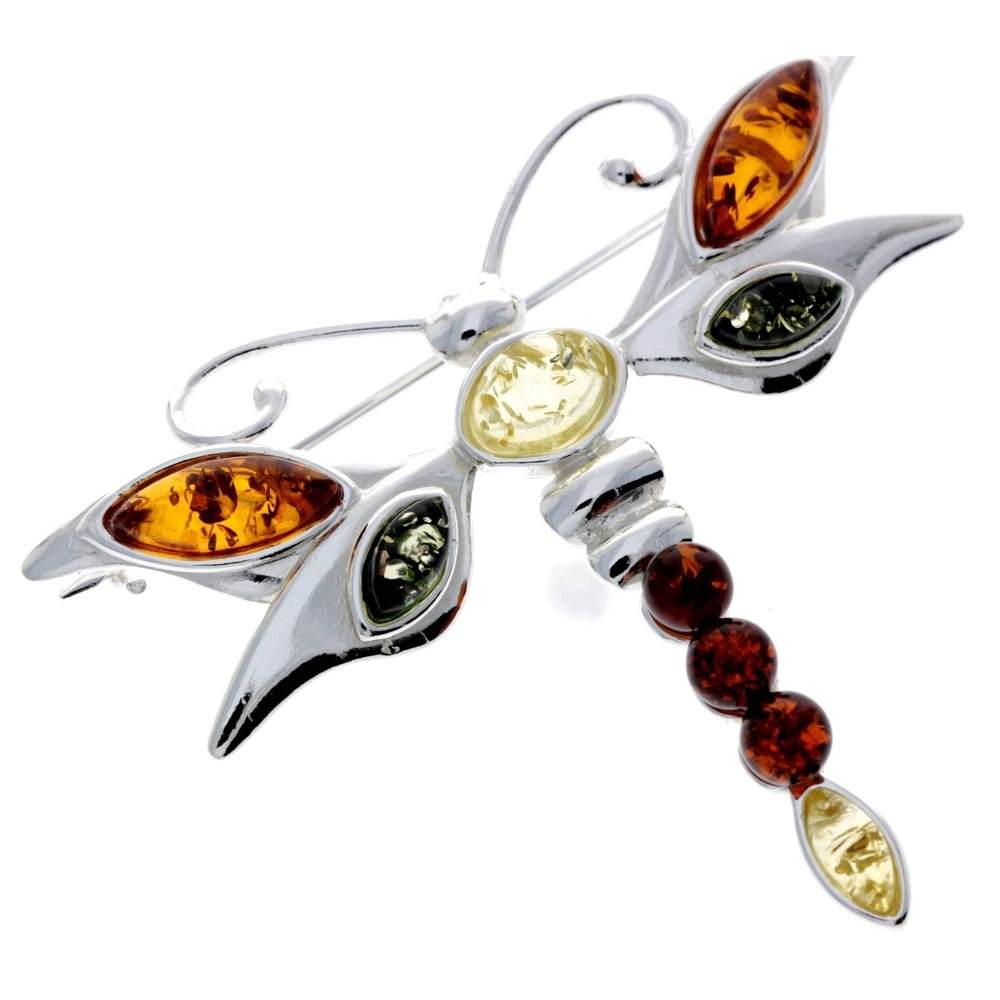 925 Sterling Silver & Genuine Baltic Amber Dragonfly Butterfly Brooch - M817