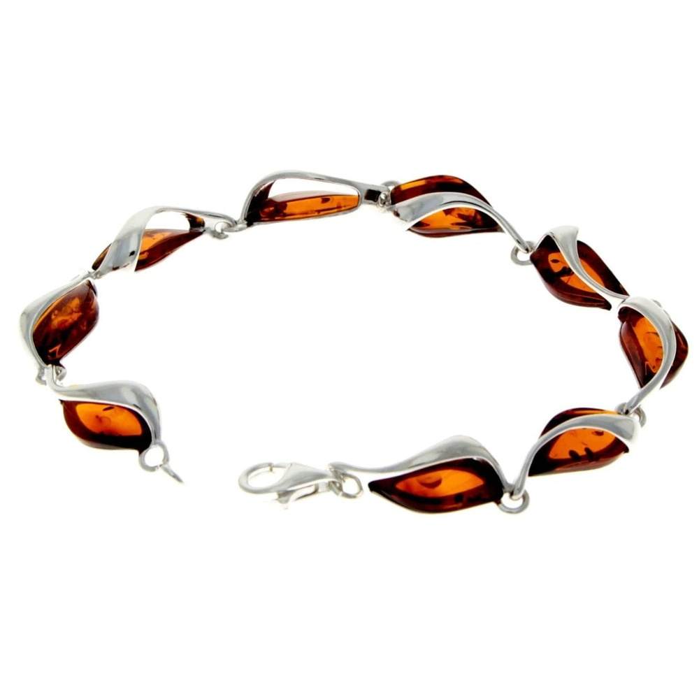 925 Sterling Silver & Cognac Baltic Amber Modern Link Bracelet - GL539