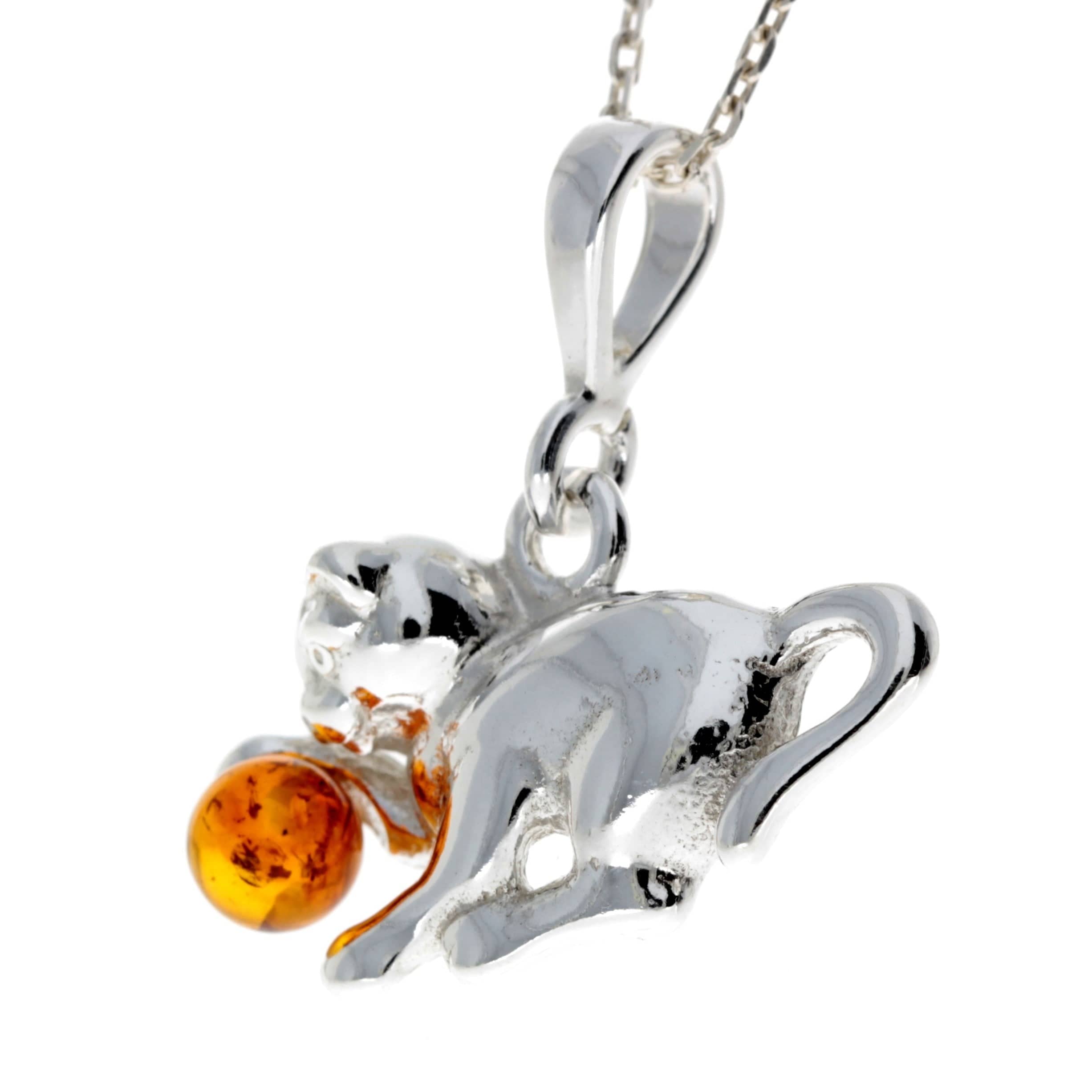 925 Sterling Silver & Baltic Amber Pussy Cat Kitten Pendant - M375