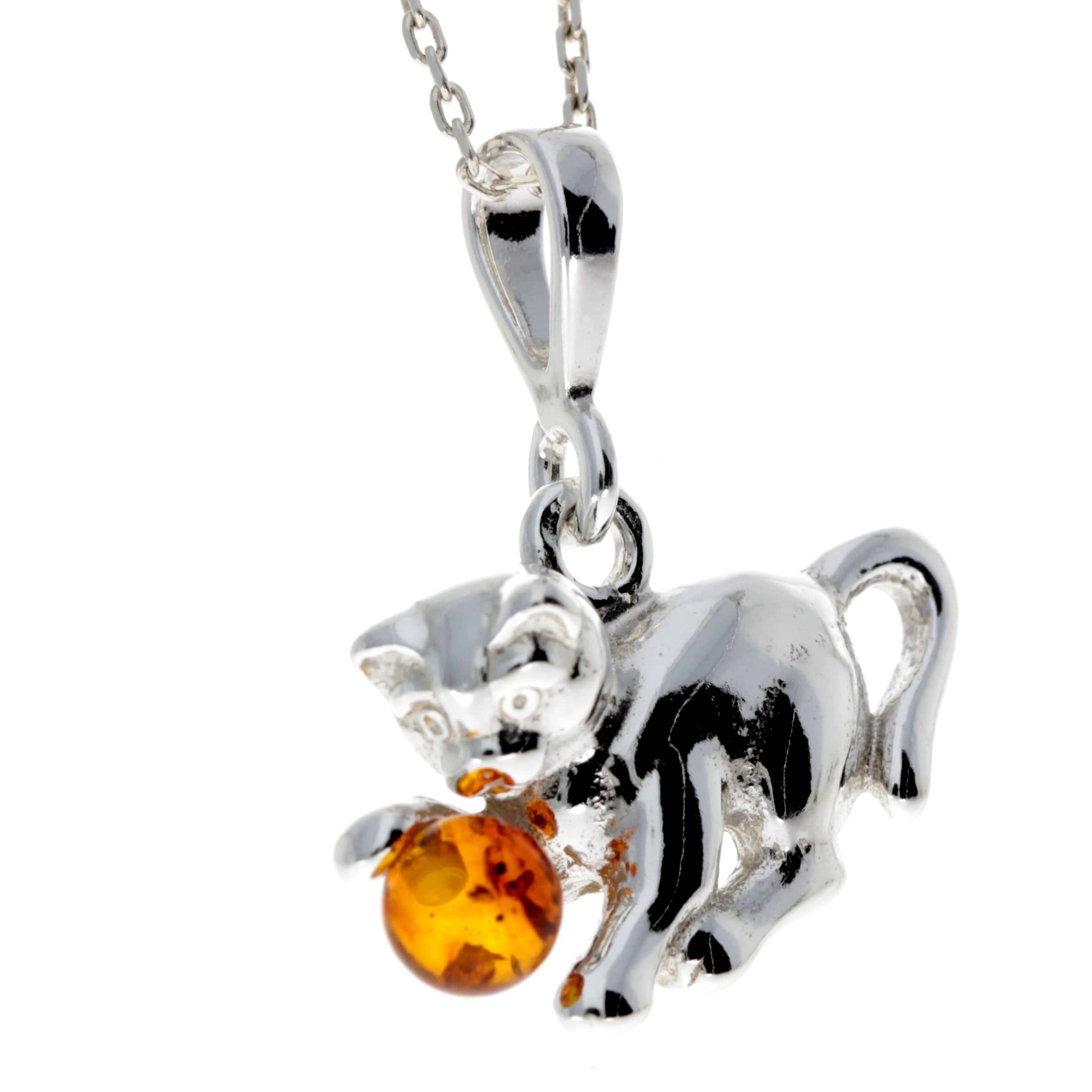 925 Sterling Silver & Baltic Amber Pussy Cat Kitten Pendant - M375