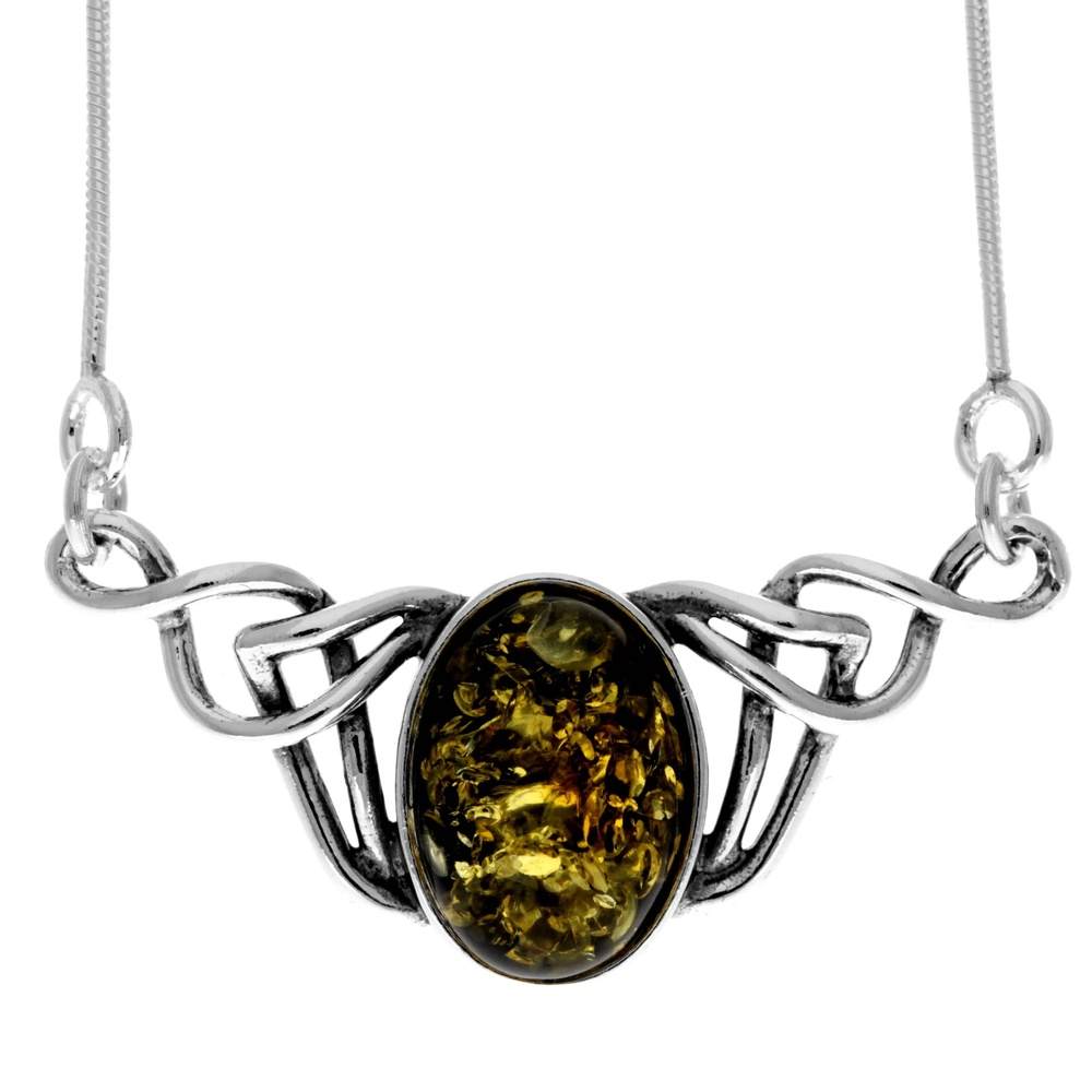 925 Sterling Silver & Genuine Baltic Amber Classic Celtic Necklace on Snake Chain with extender - 6105