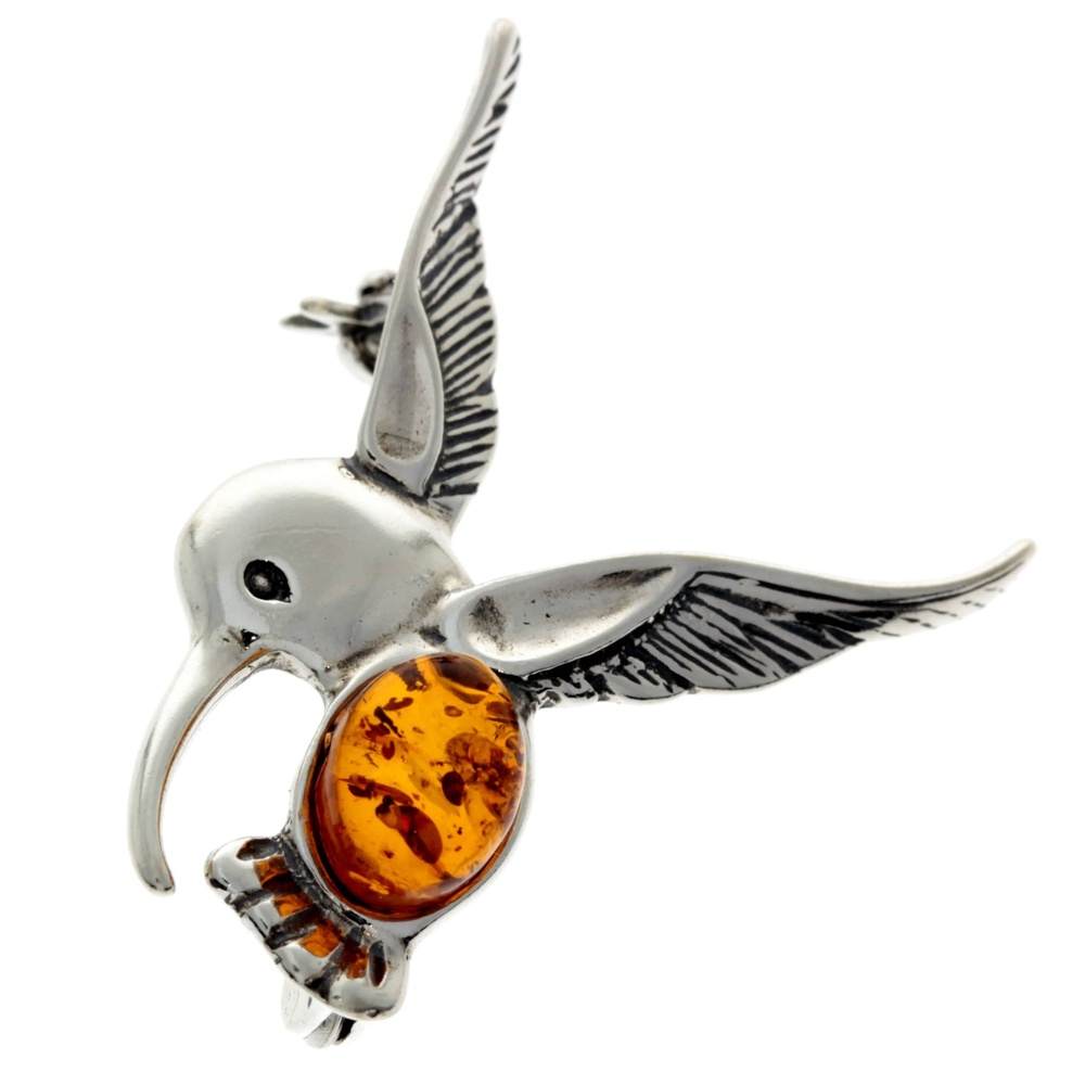 925 Sterling Silver & Baltic Amber Hummingbird Brooch - 4070