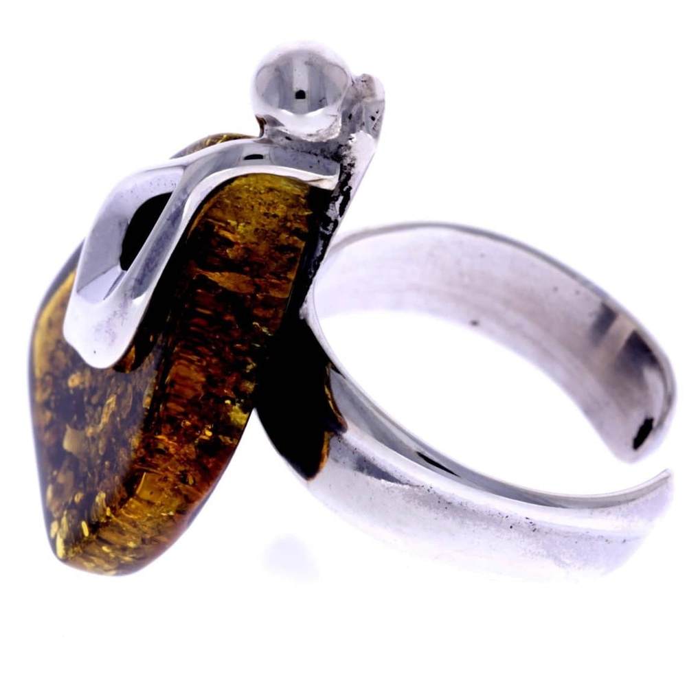 925 Sterling Silver & Genuine Green Baltic Amber Unique Ring - RG0601
