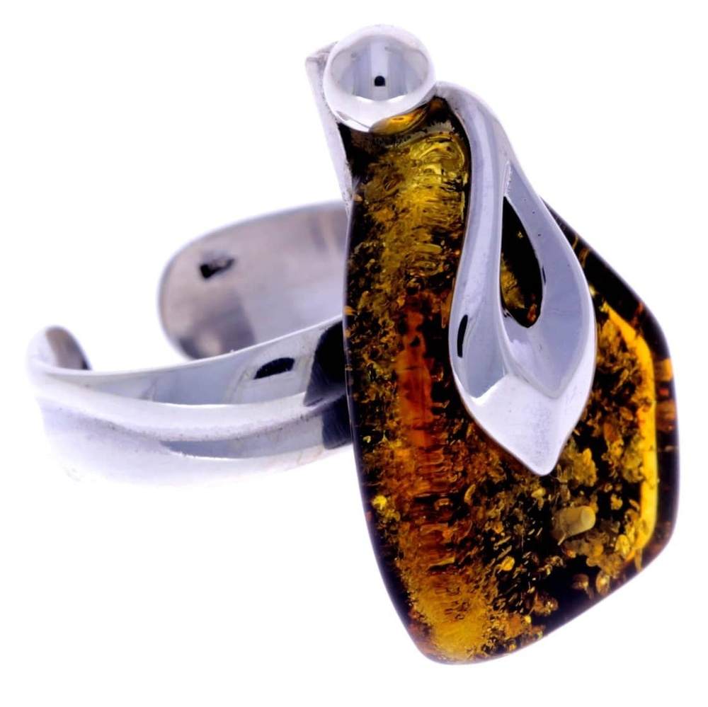 925 Sterling Silver & Genuine Green Baltic Amber Unique Ring - RG0601