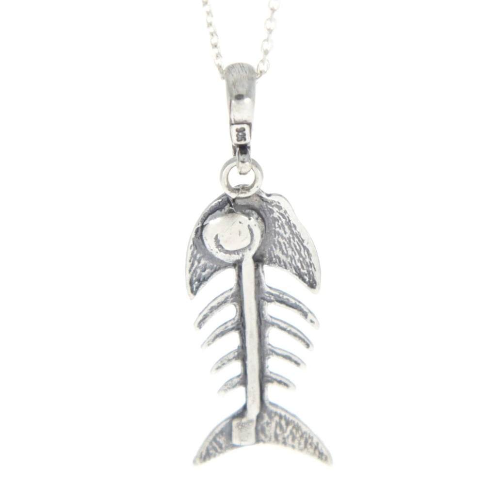 925 Sterling Silver & Baltic Amber Skeleton Fish Bones Pendant - 1983