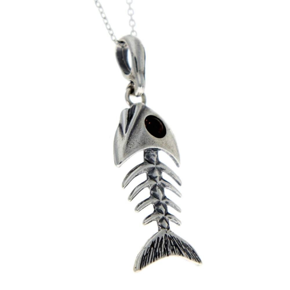 925 Sterling Silver & Baltic Amber Skeleton Fish Bones Pendant - 1983