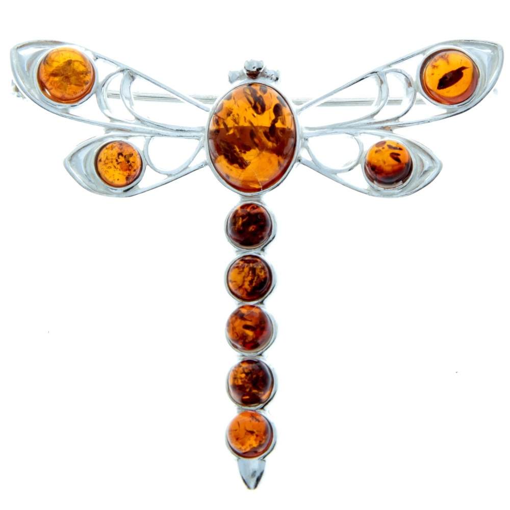 925 Sterling Silver & Baltic Amber Dragonfly Butterfly Brooch - 4032