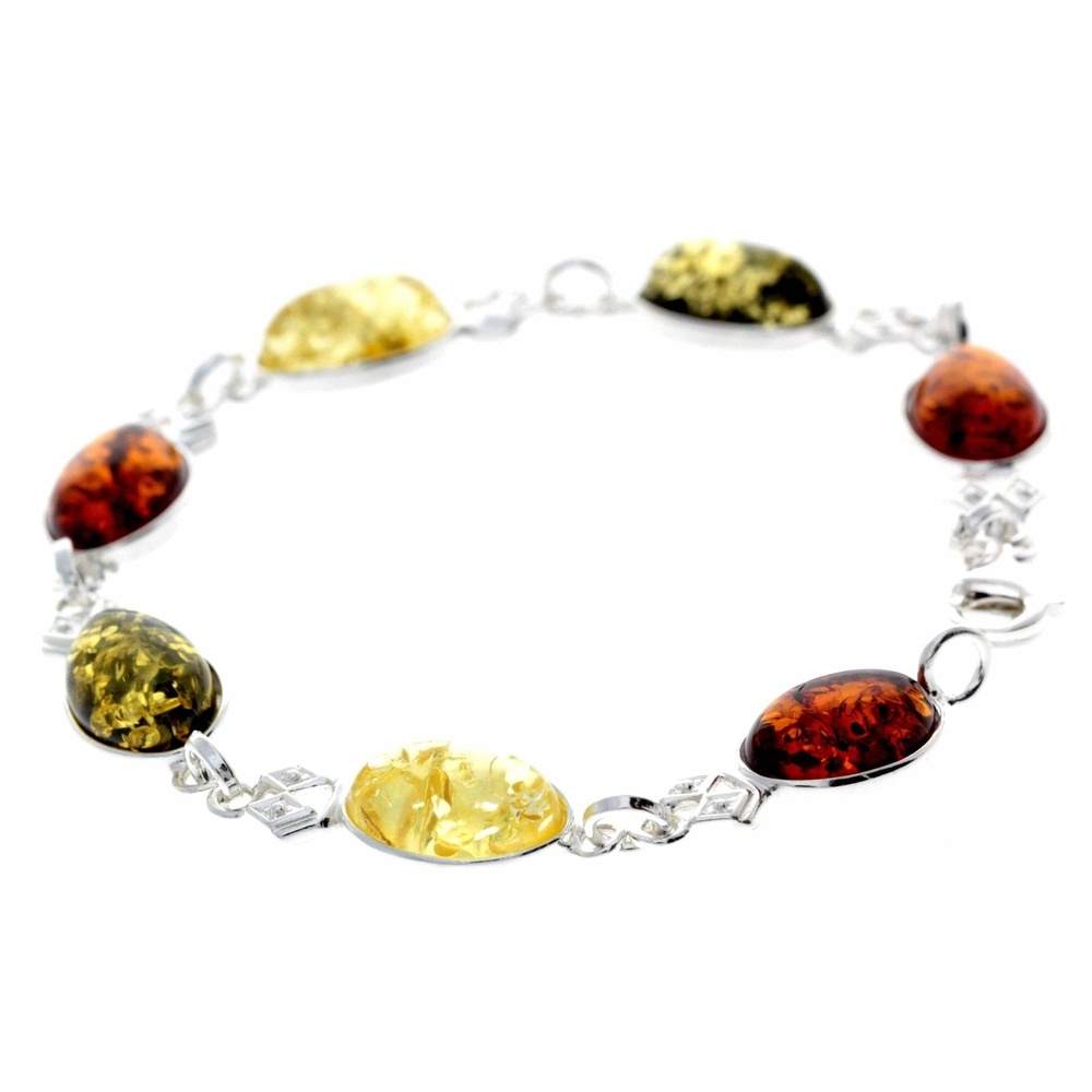 925 Sterling Silver & Genuine Baltic Amber Link Bracelet - 3233