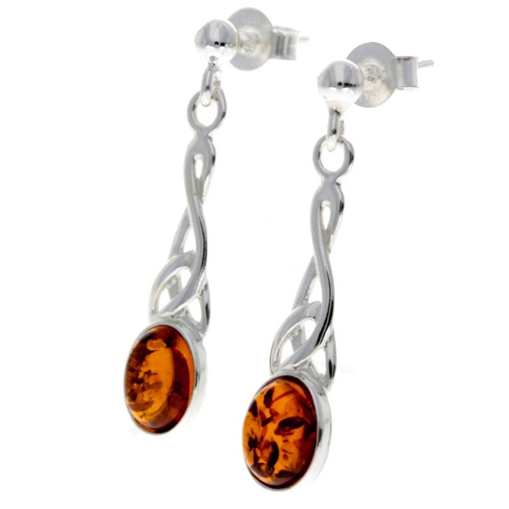 925 Sterling Silver & Baltic Amber Celtic Drop Earrings - 8007