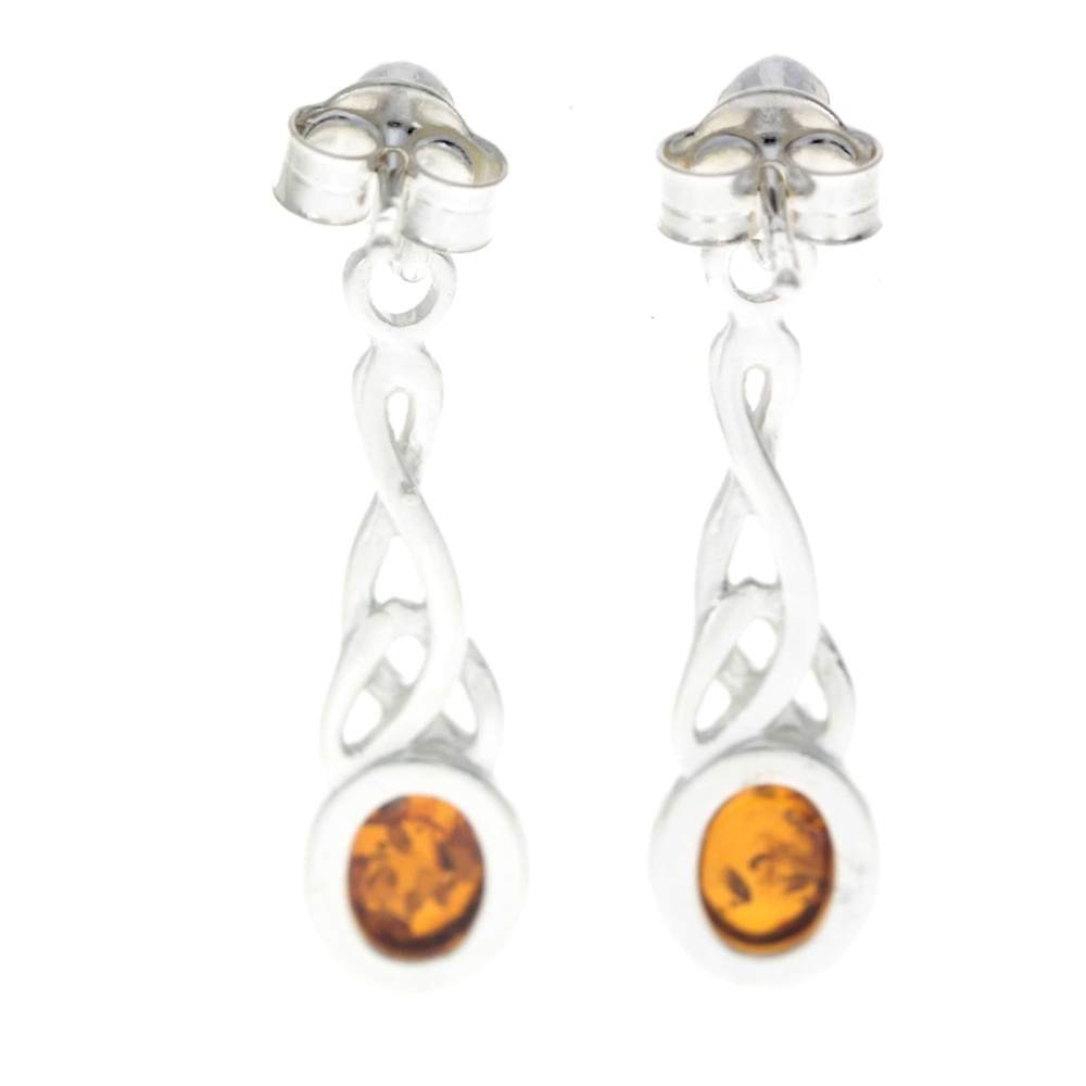 925 Sterling Silver & Baltic Amber Celtic Drop Earrings - 8007
