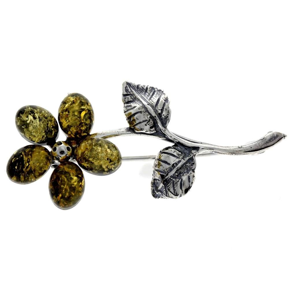 925 Sterling Silver & Baltic Amber Flower Brooch - 4015
