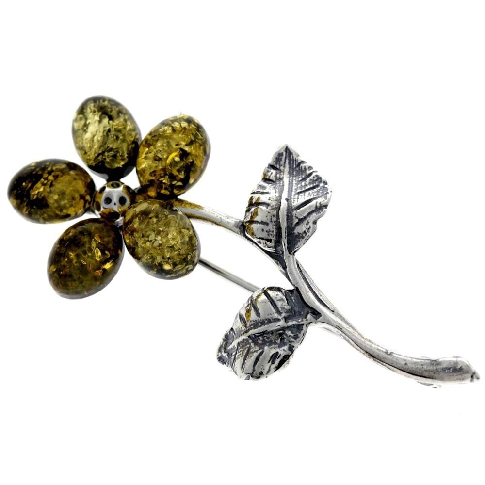 925 Sterling Silver & Baltic Amber Flower Brooch - 4015