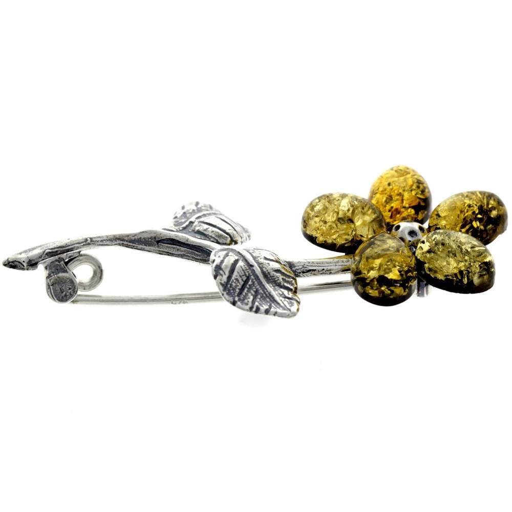 925 Sterling Silver & Baltic Amber Flower Brooch - 4015