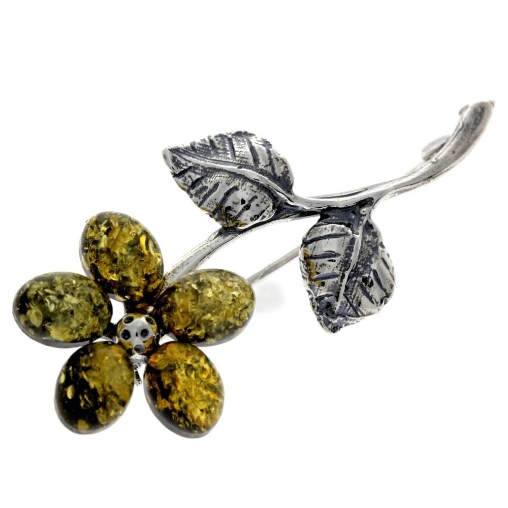 925 Sterling Silver & Baltic Amber Flower Brooch - 4015