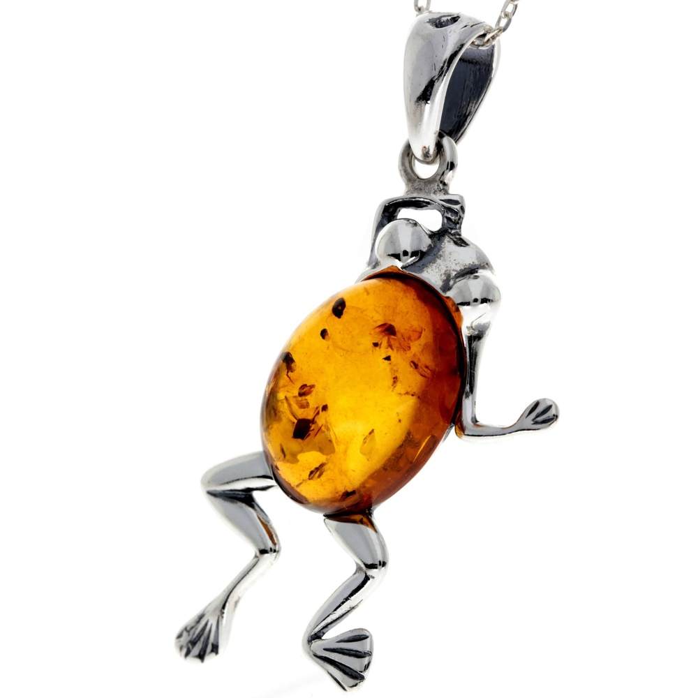 925 Sterling Silver & Baltic Amber Modern Frog Pendant - 1862V