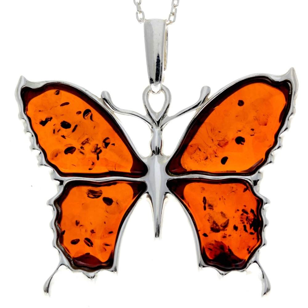 925 Sterling Silver & Baltic Amber Modern Butterfly Pendant - AD222