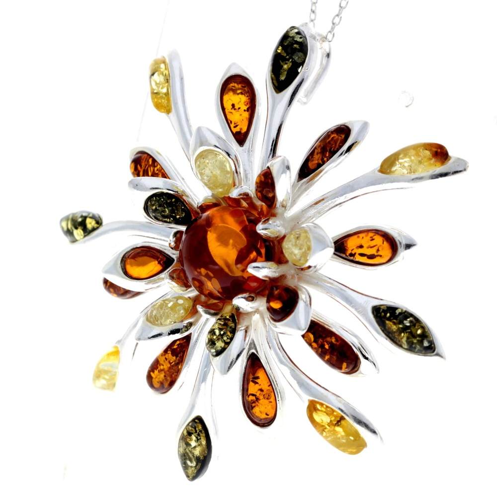 925 Sterling Silver & Baltic Amber Modern Flower Pendant - 1834