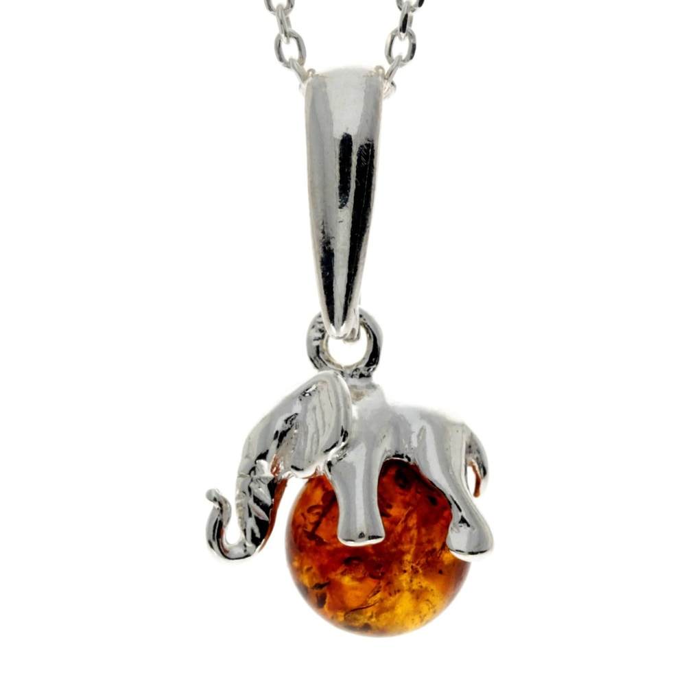 925 Sterling Silver Lucky Elephant sitting on Amber Ball - GL354