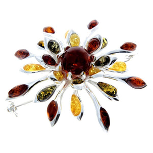 925 Sterling Silver & Baltic Amber Exclusive Large Flower Brooch - 4056