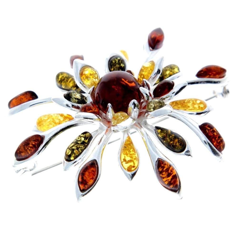 925 Sterling Silver & Baltic Amber Exclusive Large Flower Brooch - 4056