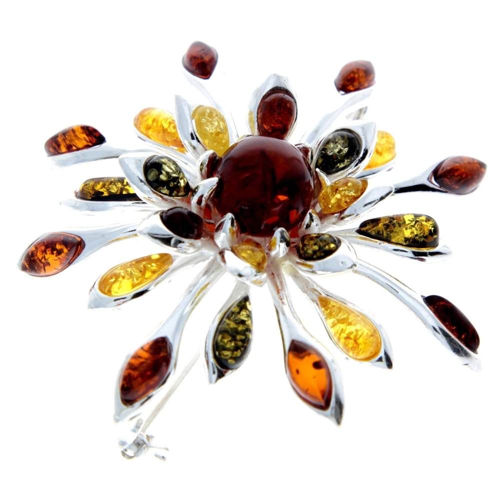 925 Sterling Silver & Baltic Amber Exclusive Large Flower Brooch - 4056