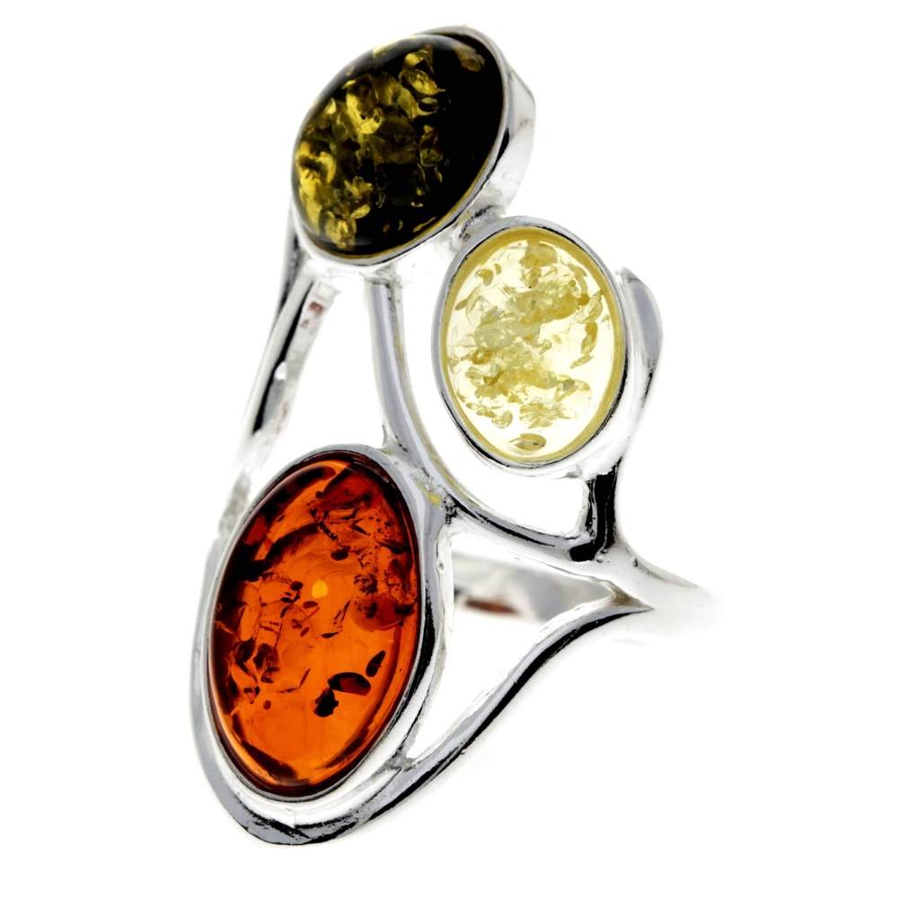 925 Sterling Silver & Baltic Amber 3 Stone Large Classic Ring - 7175