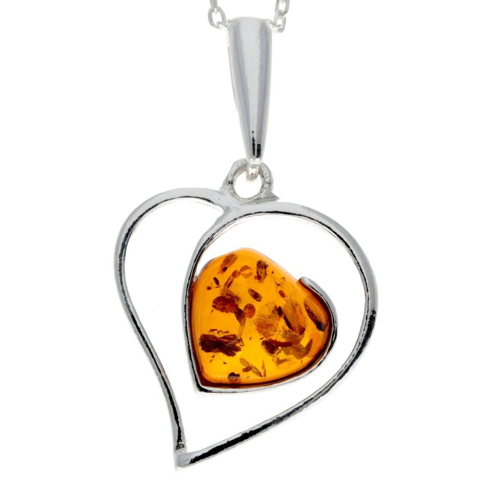 925 Sterling Silver Baltic Amber Large Heart Pendant GL246