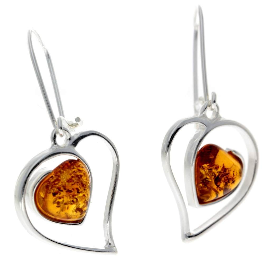 925 Sterling Silver & Genuine Baltic Amber Large Hearts Earrings - GL127
