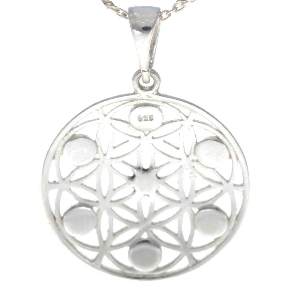 925 Sterling Silver Flower of Life Pendant set with Genuine Baltic Amber Gemstones - GL365