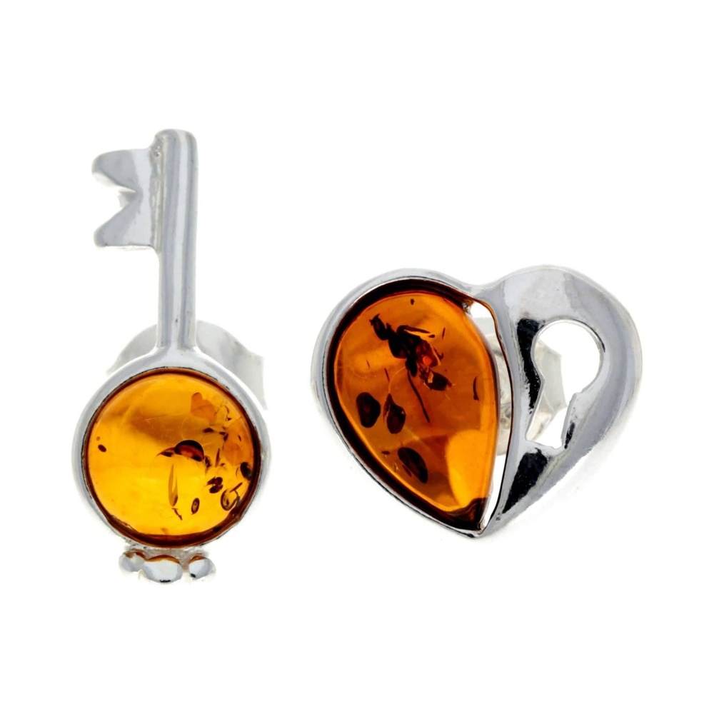 925 Sterling Silver & Baltic Amber Key & Heart Studs Earrings - GL195