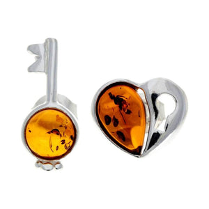 925 Sterling Silver & Baltic Amber Key & Heart Studs Earrings - GL195