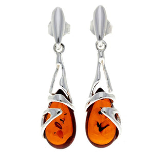 925 Sterling Silver & Genuine Baltic Amber Teardrop Modern Earrings - GL054