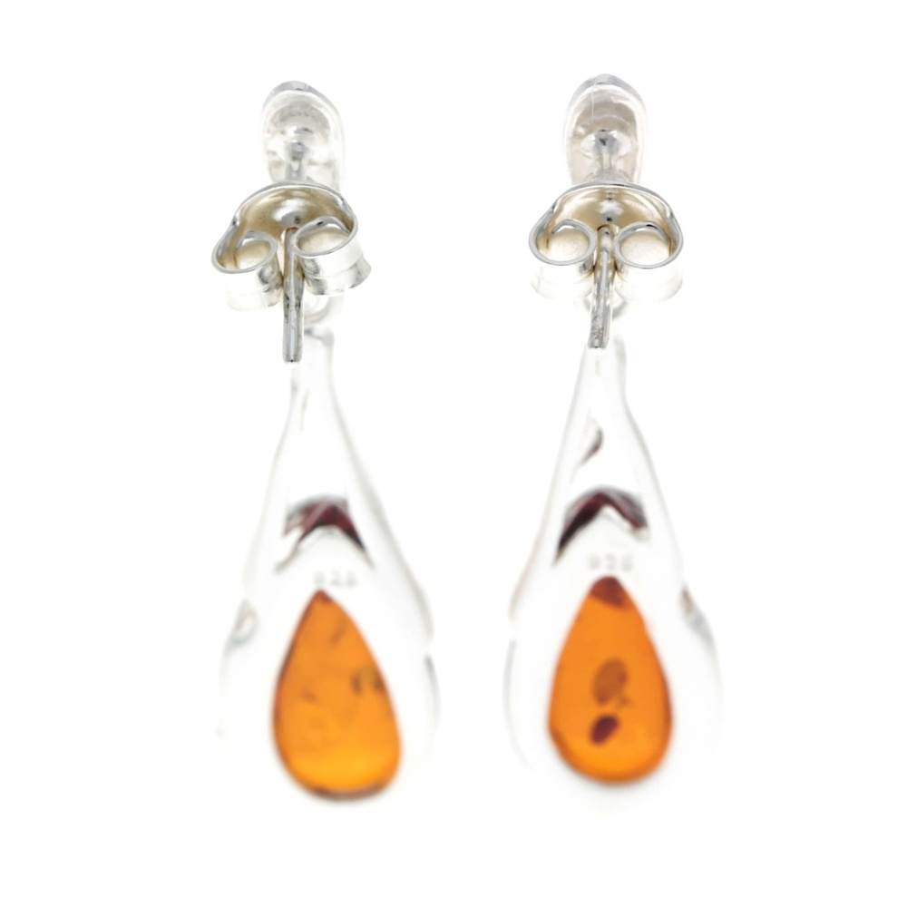 925 Sterling Silver & Genuine Baltic Amber Teardrop Modern Earrings - GL054