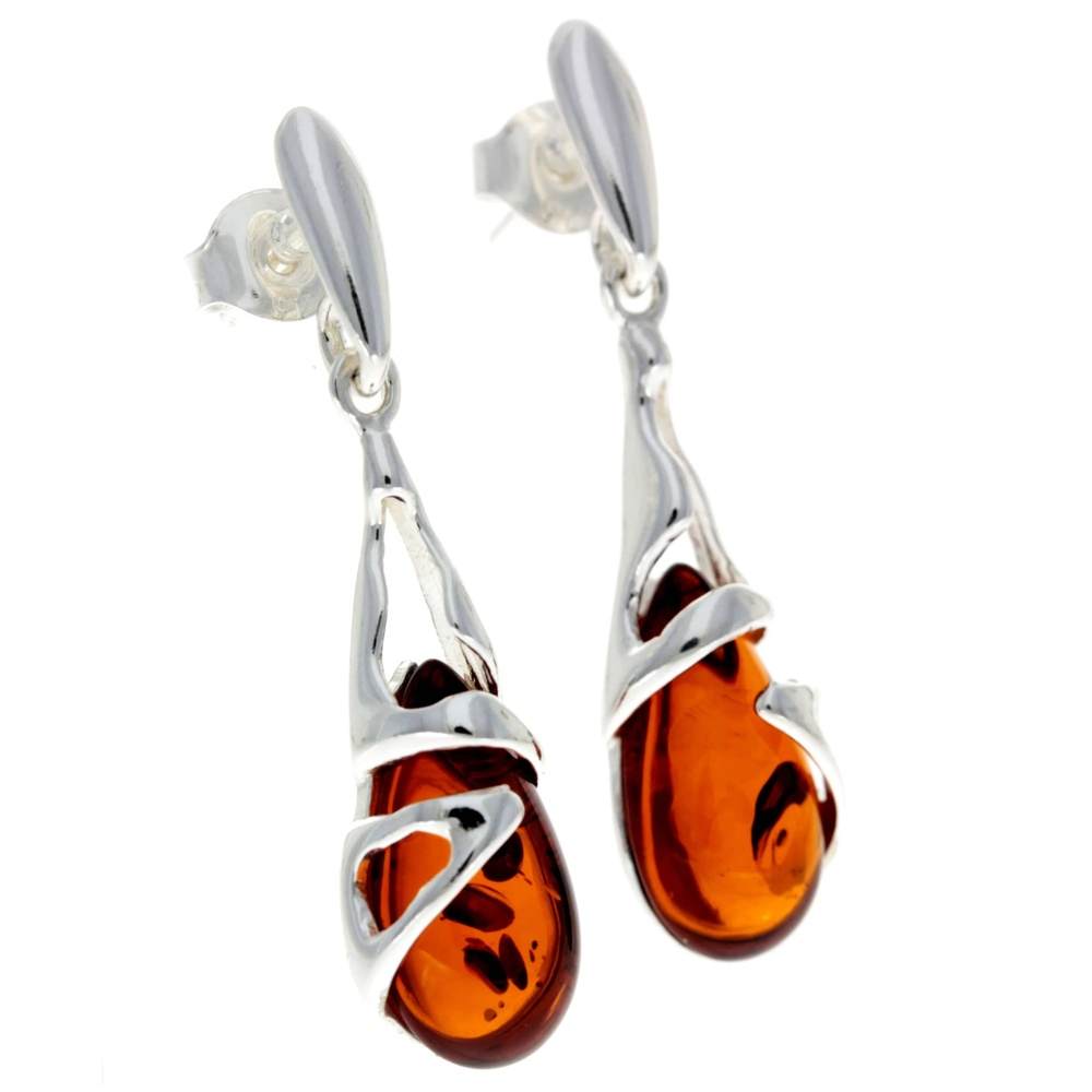925 Sterling Silver & Genuine Baltic Amber Teardrop Modern Earrings - GL054