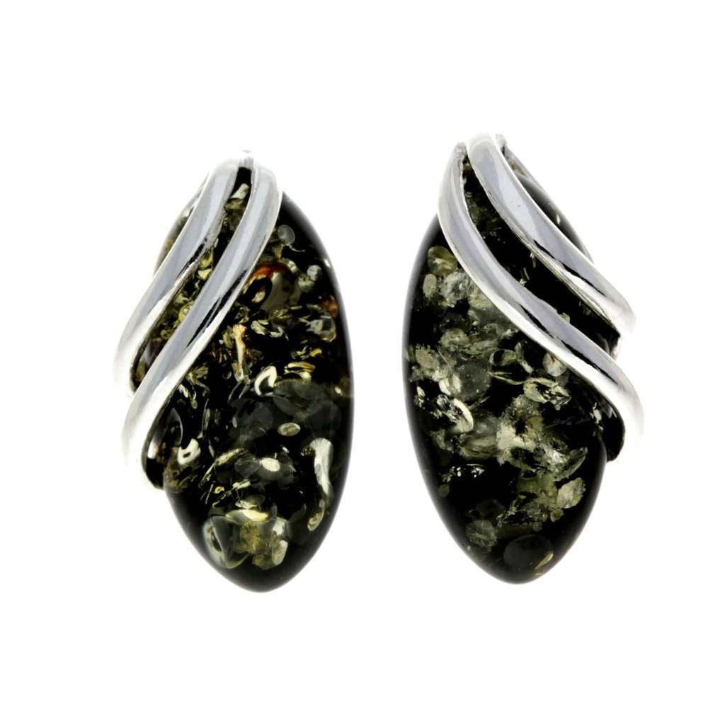 925 Sterling Silver & Genuine Baltic Amber Modern Oval Studs Earrings - GL056