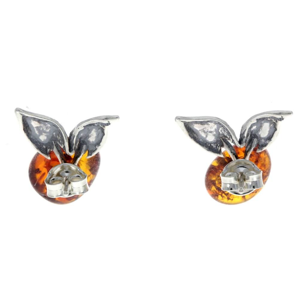 925 Sterling Silver & Genuine Baltic Amber Leafs Studs Earrings - GL080