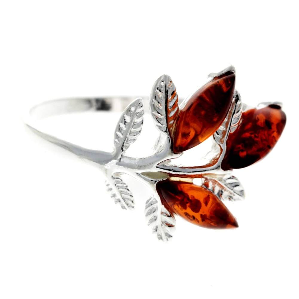 925 Sterling Silver & Genuine Baltic Amber 3 Stones Modern Ring - AR2