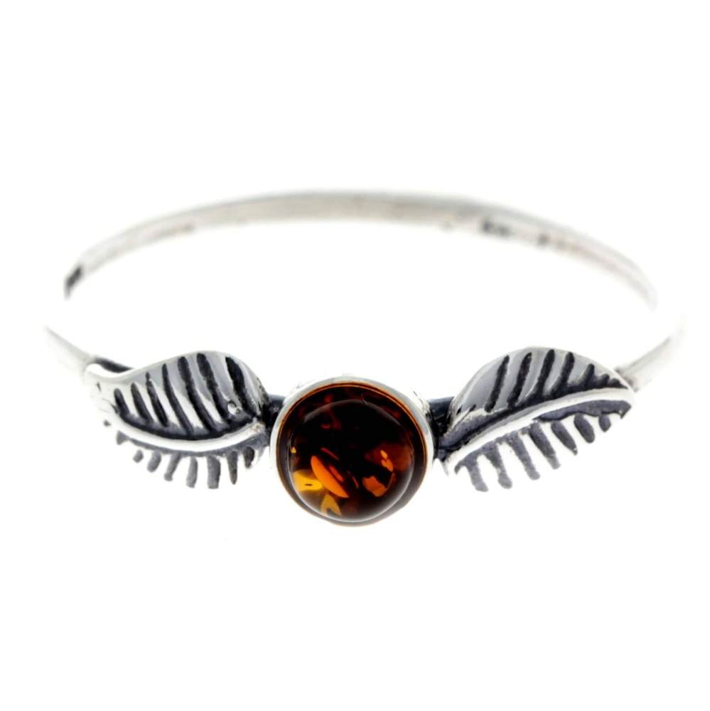 925 Sterling Silver & Genuine Baltic Amber Round Classic Ring with Leafs - AR6