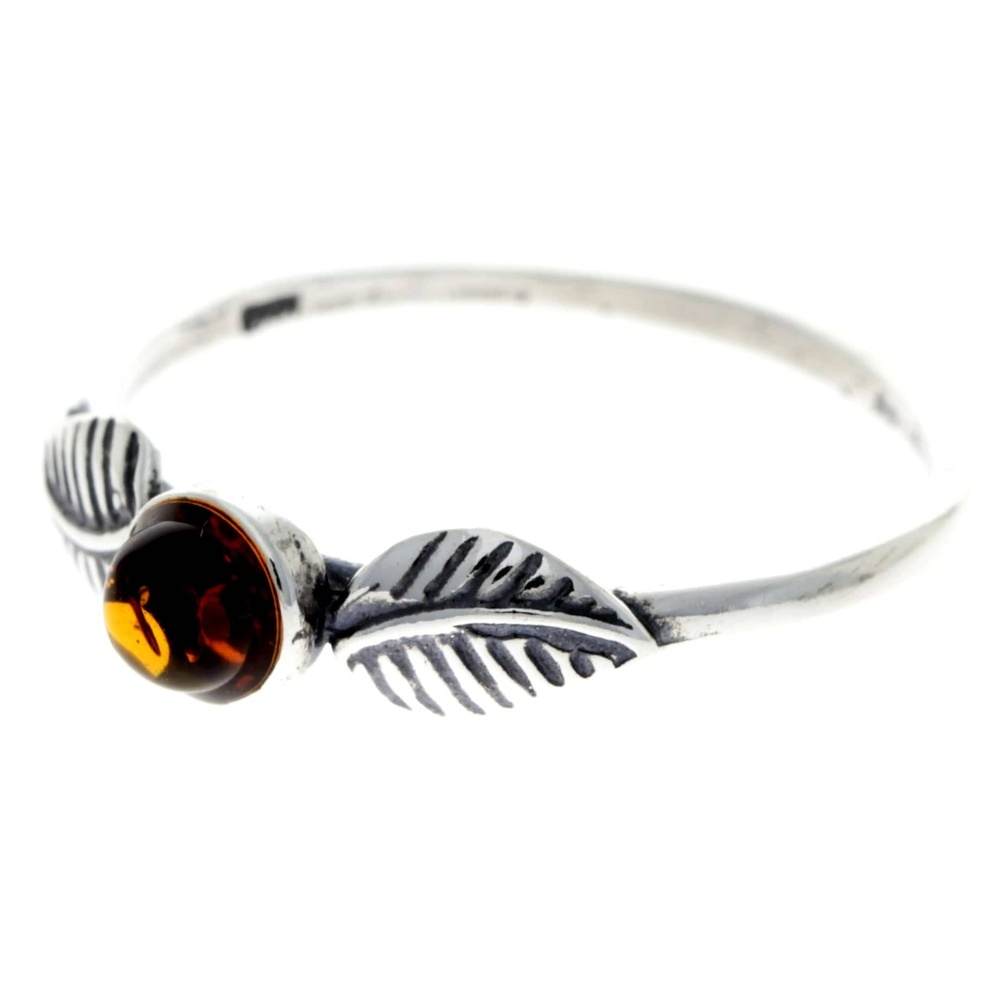 925 Sterling Silver & Genuine Baltic Amber Round Classic Ring with Leafs - AR6
