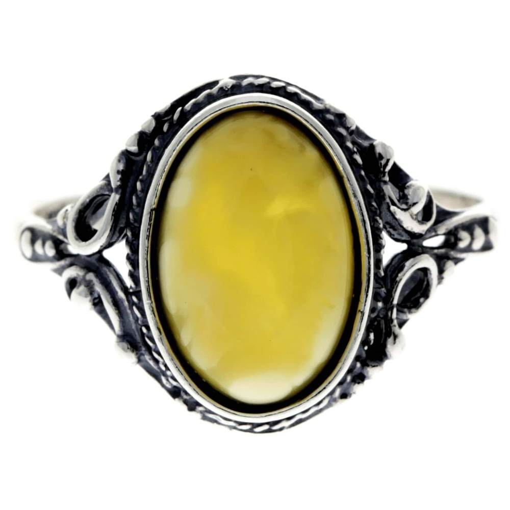 925 Sterling Silver & Genuine Oval Baltic Amber Classic Ring - AR10