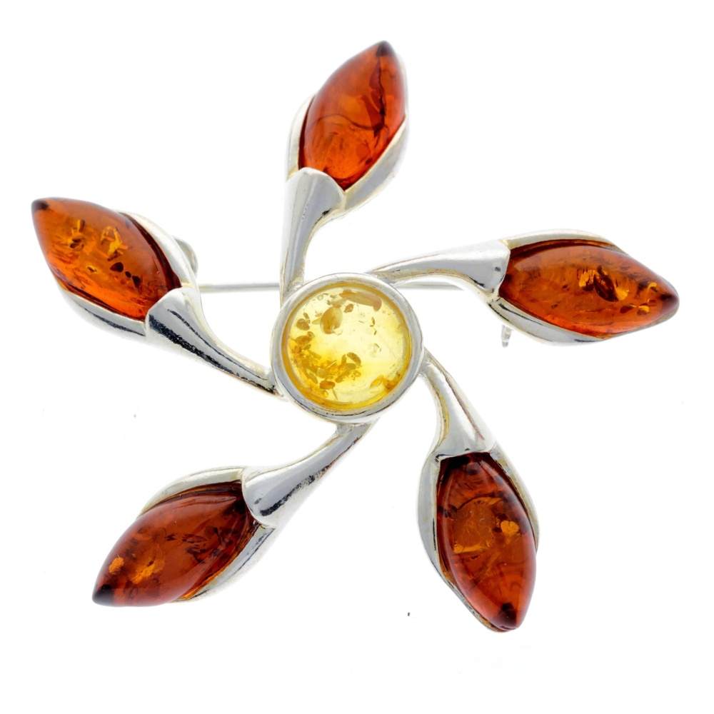 925 Sterling Silver & Genuine Baltic Amber Star Brooch - GL809