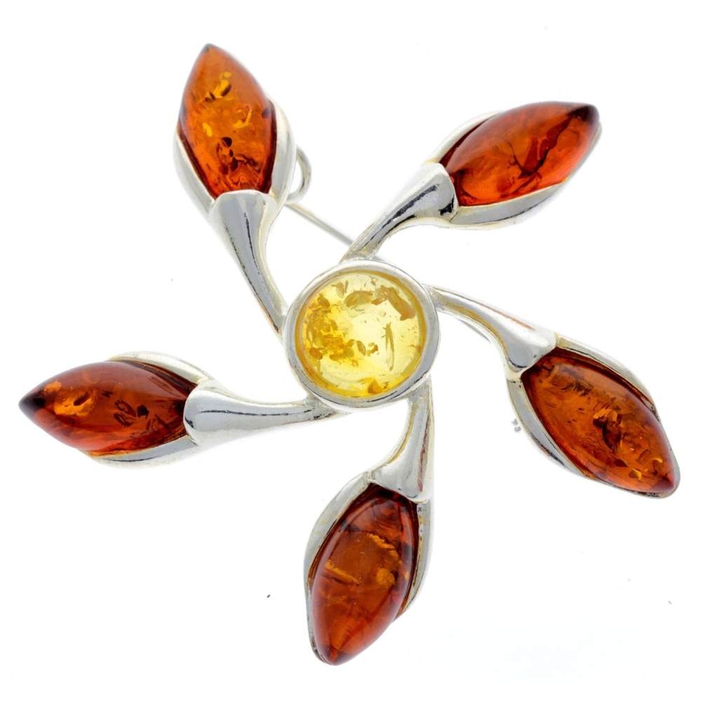 925 Sterling Silver & Genuine Baltic Amber Star Brooch - GL809