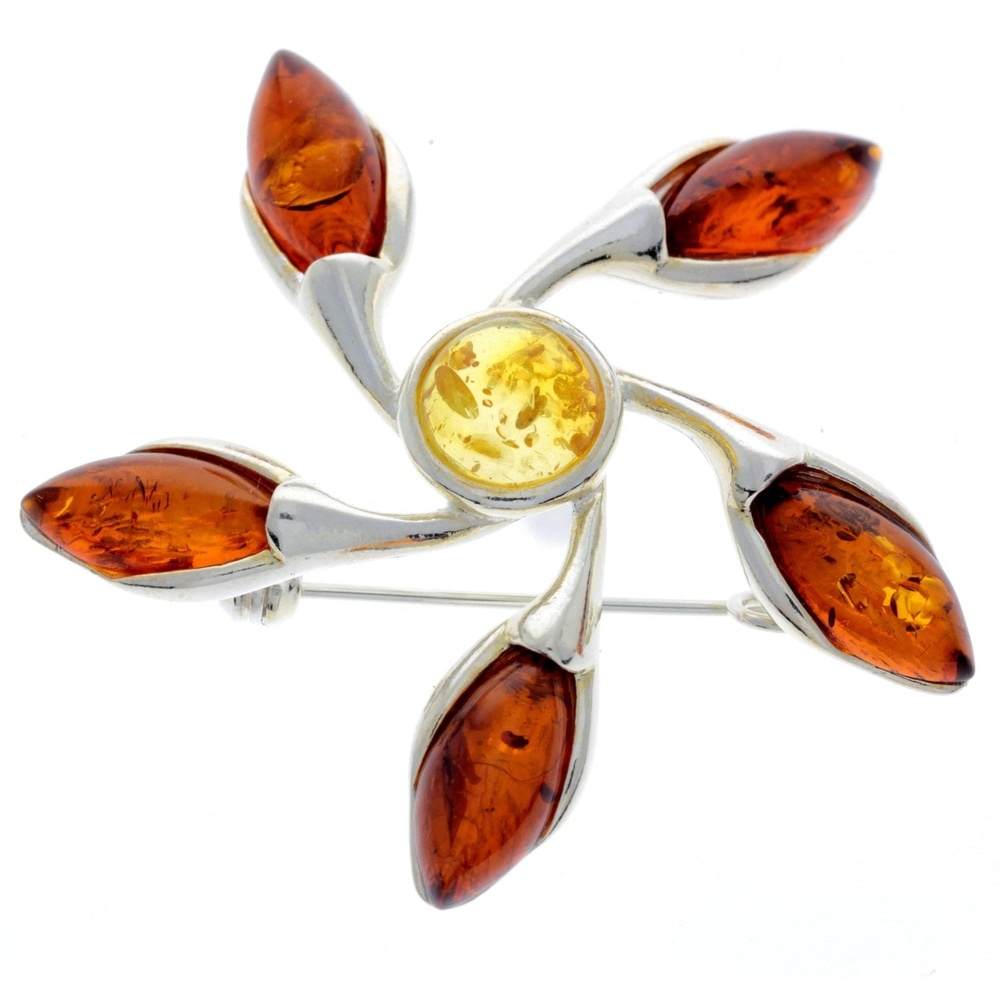 925 Sterling Silver & Genuine Baltic Amber Star Brooch - GL809