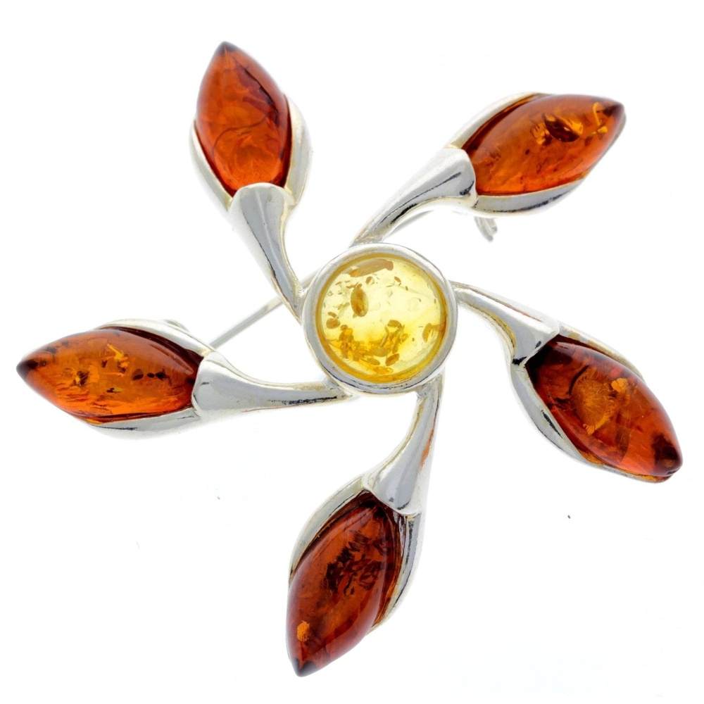 925 Sterling Silver & Genuine Baltic Amber Star Brooch - GL809